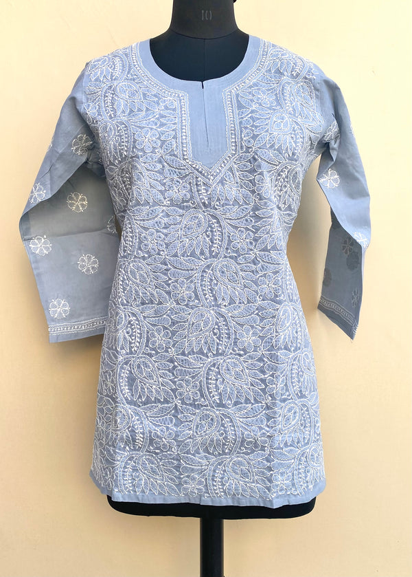 Lucknowi Chikankari Short Kurti Gray Cotton