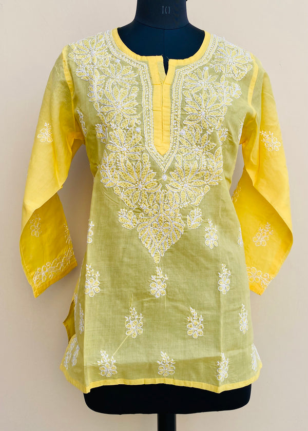 Lucknowi Chikankari Short Kurti Yellow Cotton