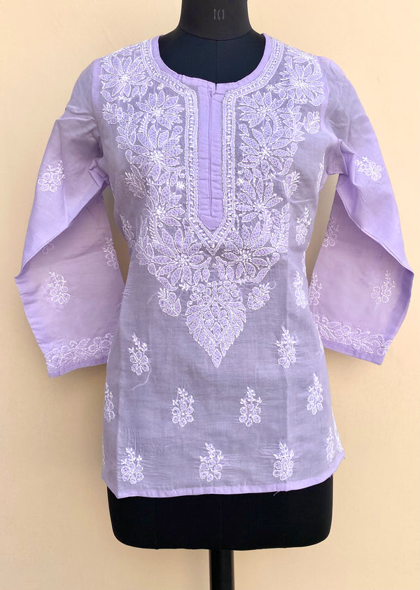 Lucknowi Chikankari Short Kurti Purple Cotton