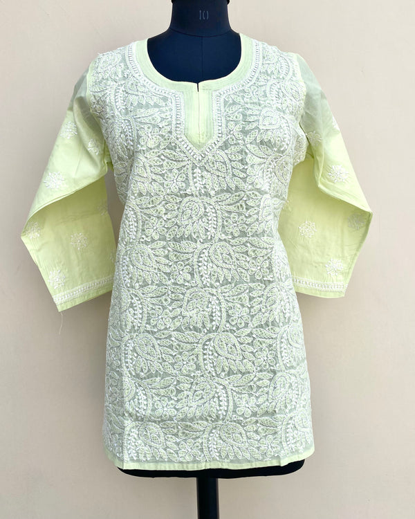 Lucknowi Chikankari Short Kurti Green Cotton