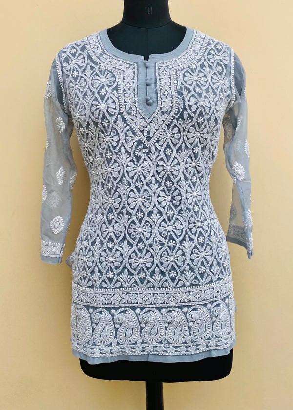 Lucknowi Chikankari Short Kurti Gray Faux Georgette