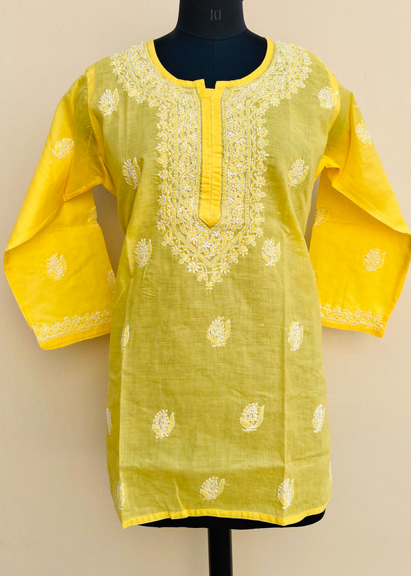 Lucknowi Chikankari Short Kurti Yellow Cotton