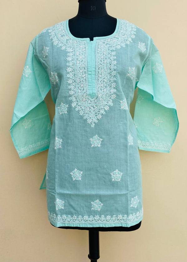 Lucknowi Chikankari Short Kurti Sea Green Cotton