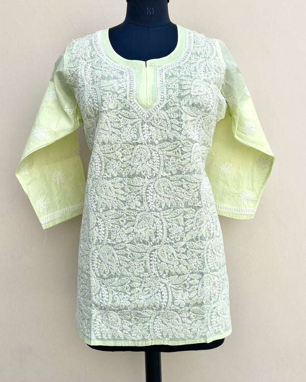 Lucknowi Chikankari Short Kurti Parrot Green Cotton