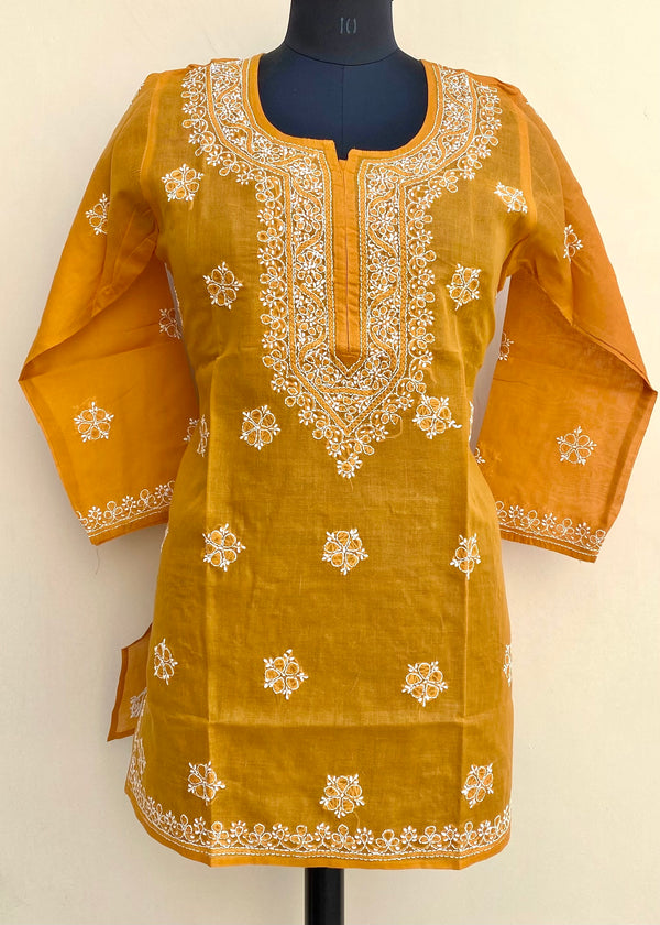 Lucknowi Chikankari Short Kurti Mustard Cotton