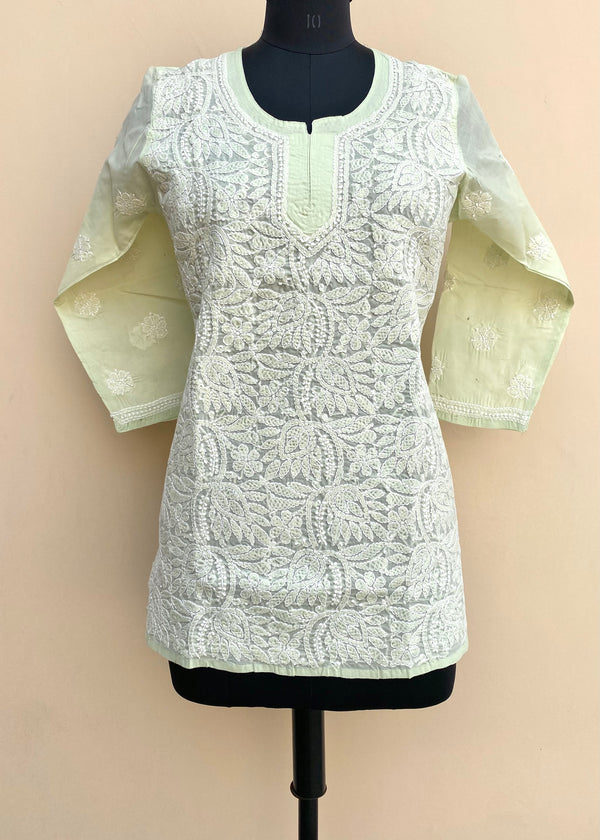 Lucknowi Chikankari Short Kurti Pista Green Cotton