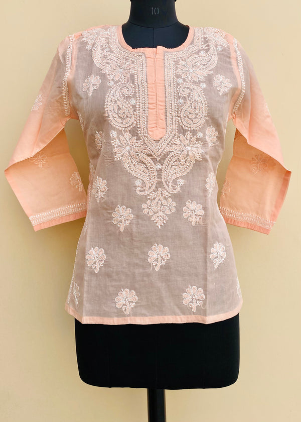 Lucknowi Chikankari Short Kurti Peach Cotton