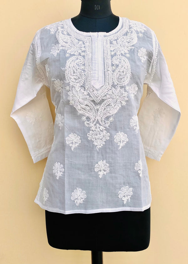 Lucknowi Chikankari Short Kurti White On White Cotton