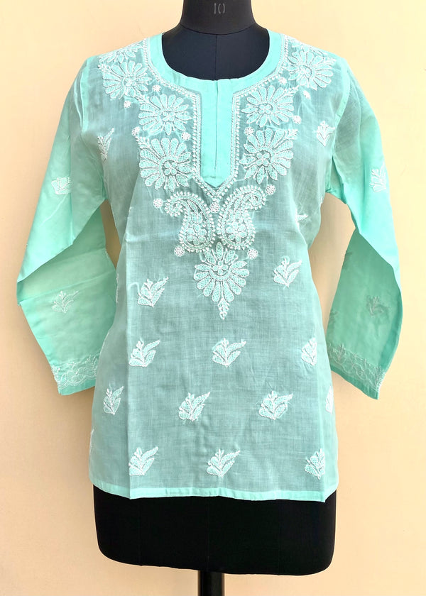 Lucknowi Chikankari Short Kurti Sea Green Cotton