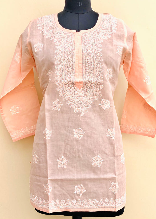 Lucknowi Chikankari Short Kurti Peach Cotton