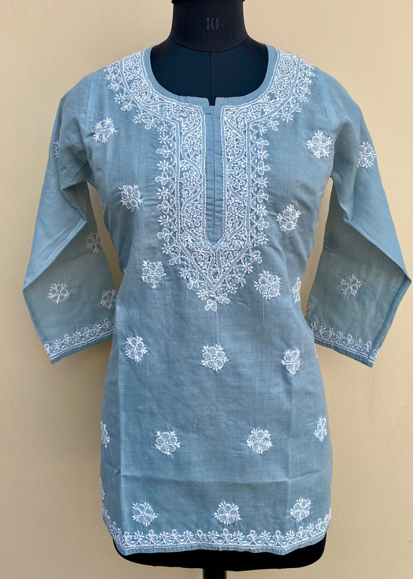 Lucknowi Chikankari Short Kurti Gray Cotton