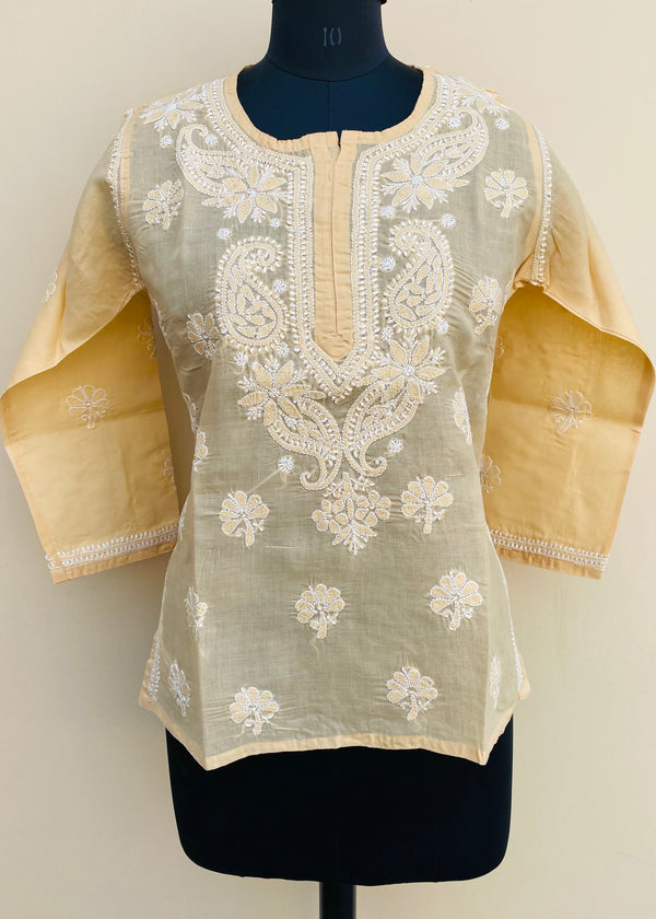 Lucknowi Chikankari Short Kurti Beige Cotton