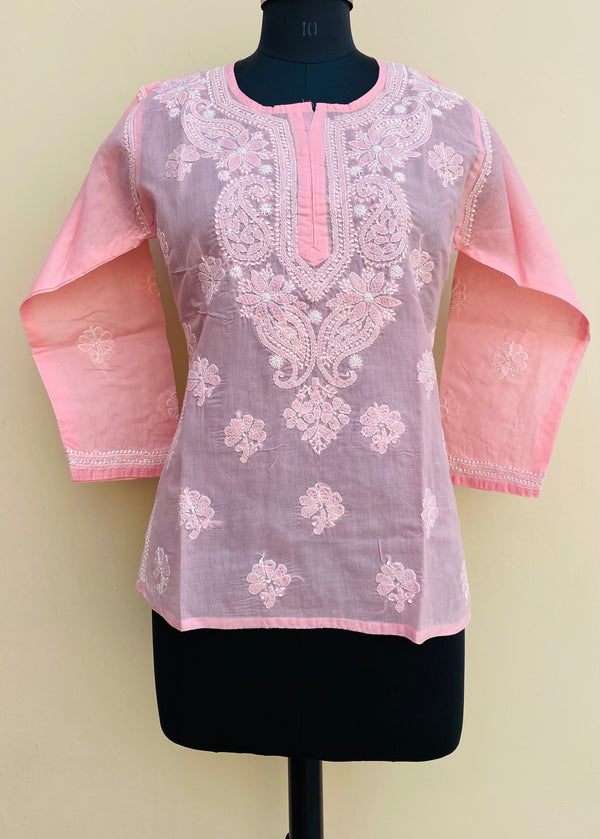 Lucknowi Chikankari Short Kurti Pink Cotton