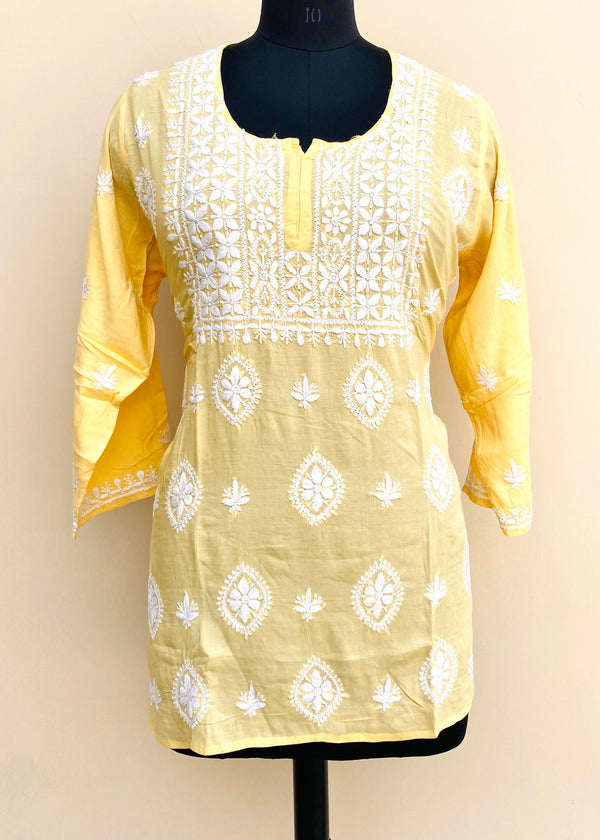 Lucknowi Chikankari Short Kurti Yellow Modal Cotton