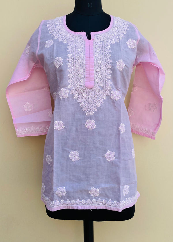 Lucknowi Chikankari Short Kurti Pink Cotton