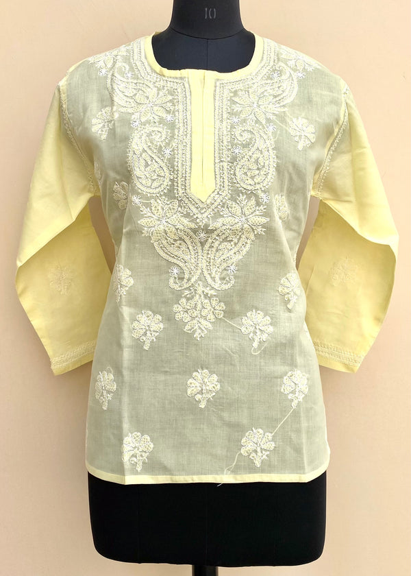 Lucknowi Chikankari Short Kurti Lemon Yellow Cotton