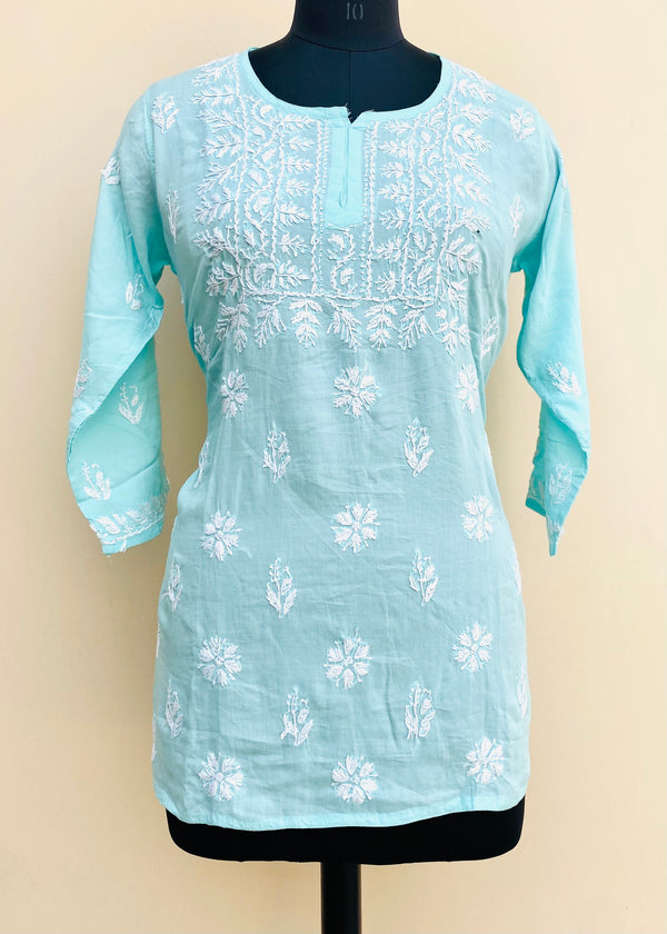 Lucknowi Chikankari Short Kurti Blue Modal Cotton