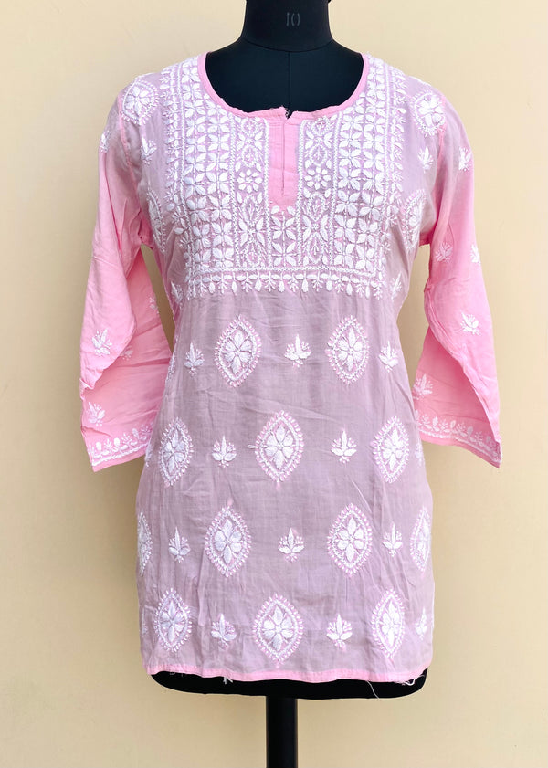 Lucknowi Chikankari Short Kurti Pink Modal Cotton