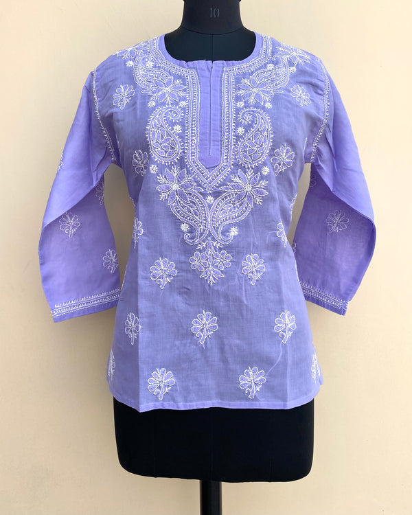 Lucknowi Chikankari Short Kurti Purple Cotton