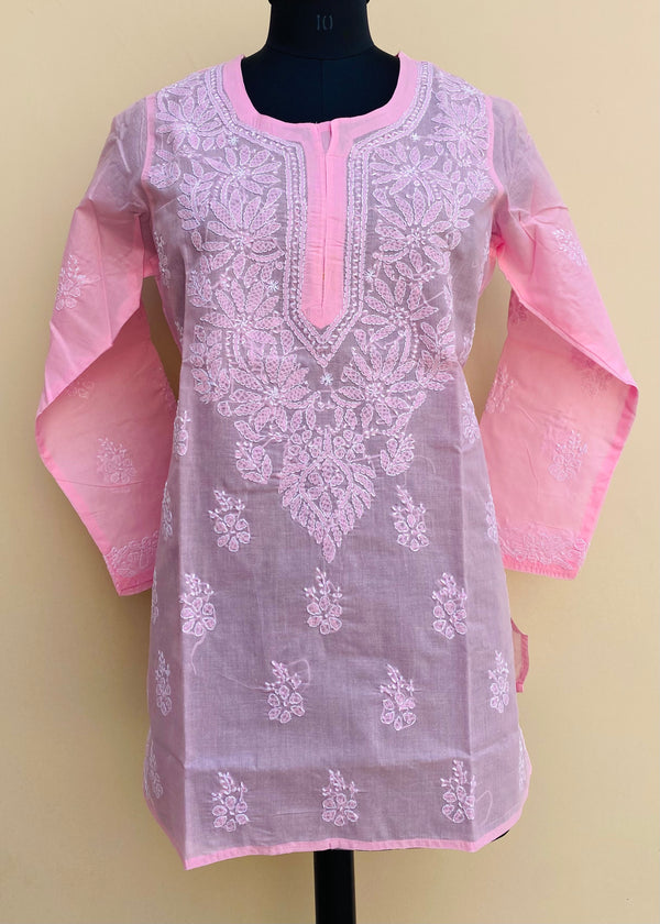 Lucknowi Chikankari Short Kurti Pink Cotton