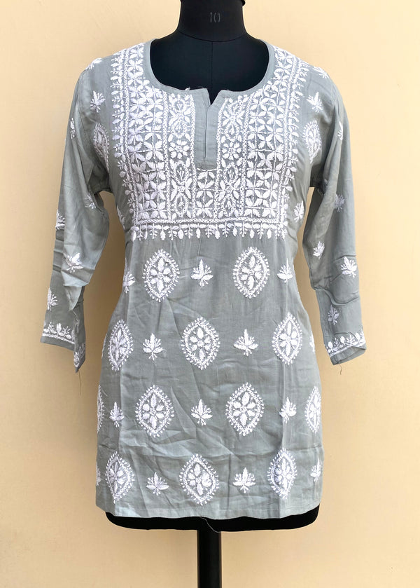 Lucknowi Chikankari Short Kurti Gray Modal Cotton