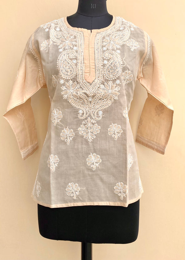 Lucknowi Chikankari Short Kurti Beige Cotton