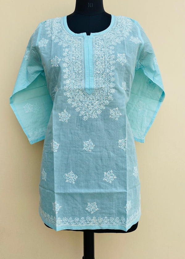 Lucknowi Chikankari Short Kurti Blue Cotton