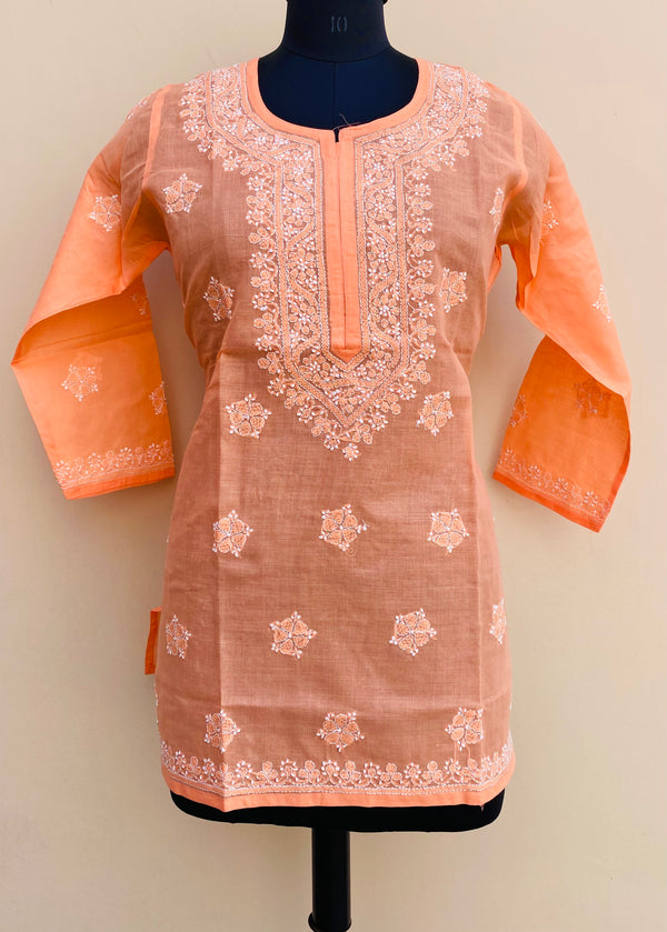 Lucknowi Chikankari Short Kurti Orange Cotton