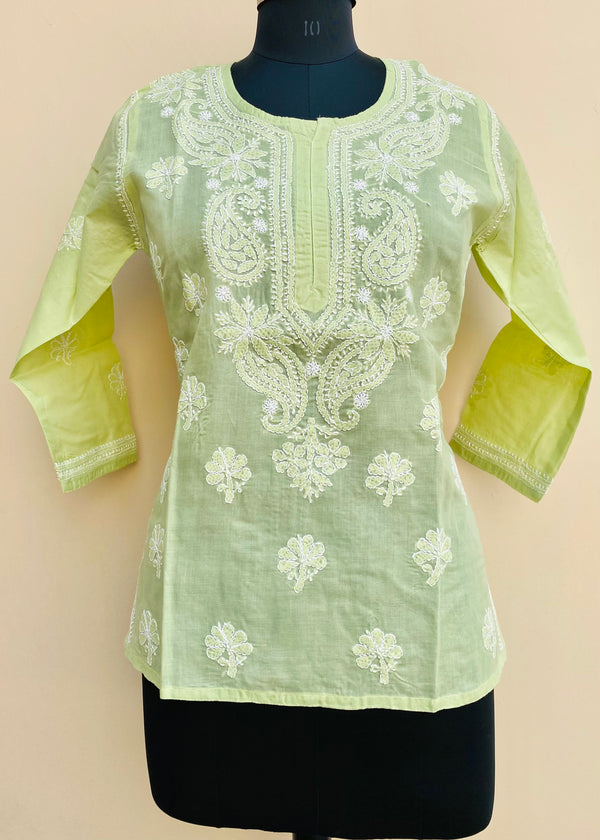 Lucknowi Chikankari Short Kurti Green Cotton