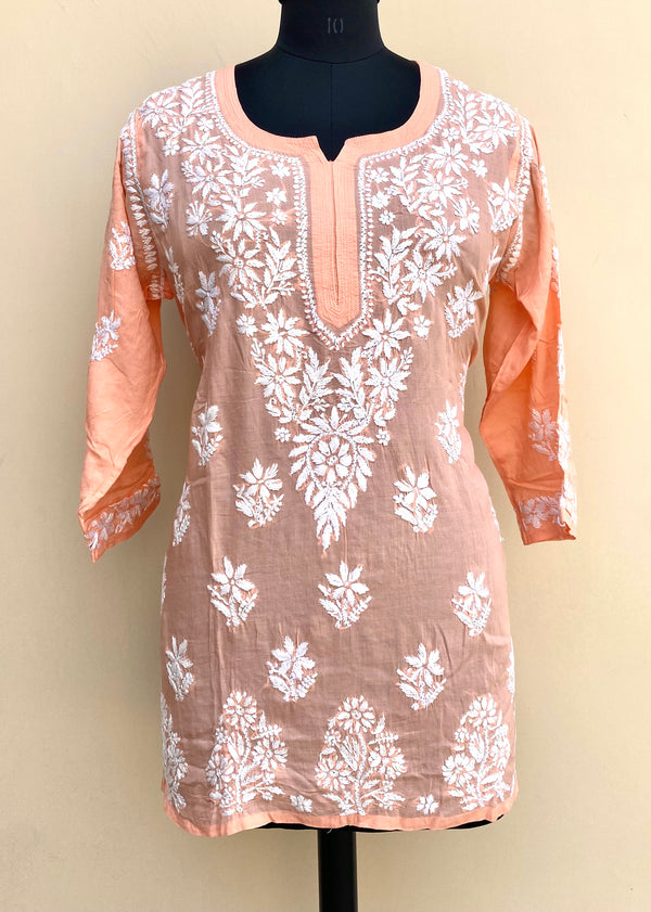 Lucknowi Chikankari Short Kurti Peach Modal Cotton