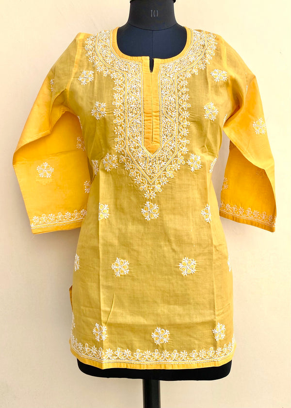 Lucknowi Chikankari Short Kurti Mustard Cotton