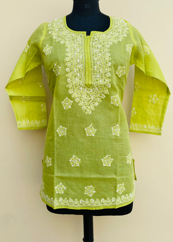 Lucknowi Chikankari Short Kurti Mehandi Green Cotton