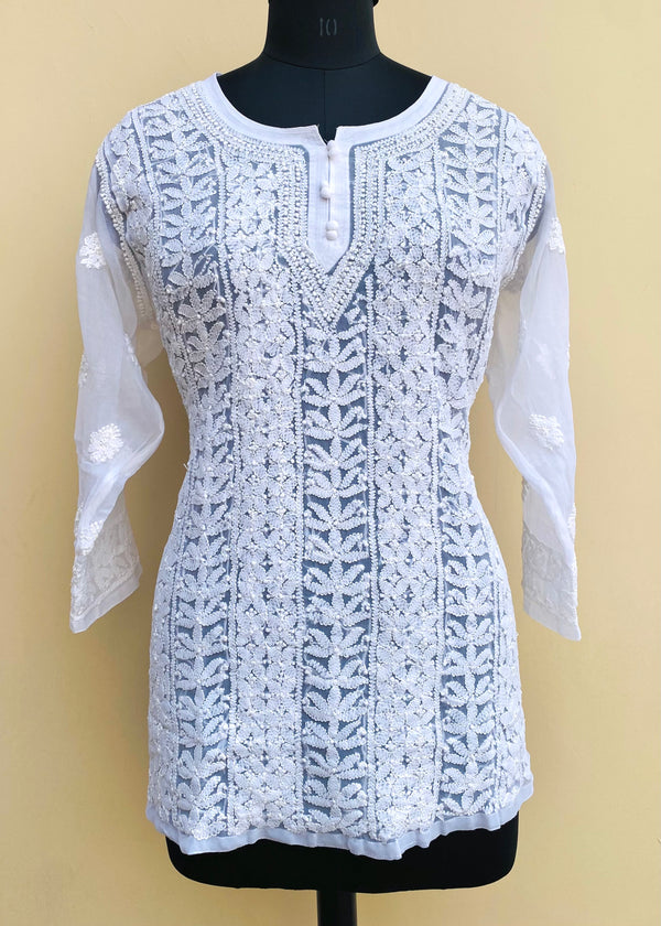 Lucknowi Chikankari Short Kurti White On White Faux Georgette