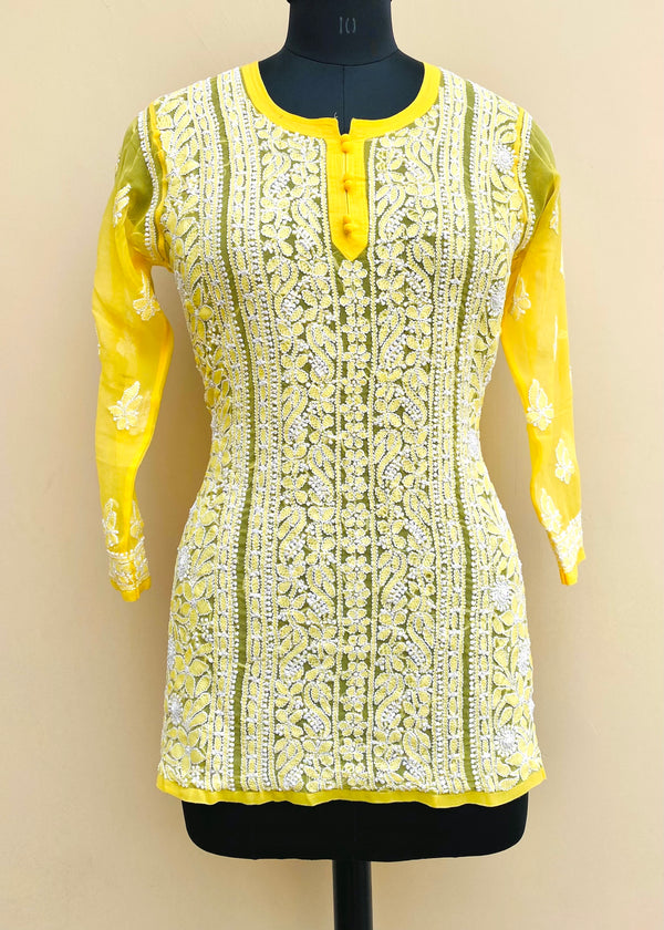 Lucknowi Chikankari Short Kurti Yellow Faux Georgette