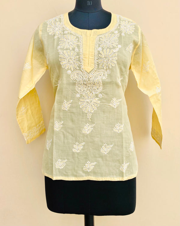 Lucknowi Chikankari Short Kurti Cream Cotton