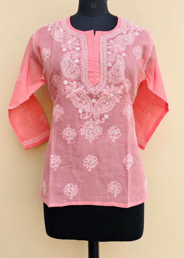 Lucknowi Chikankari Short Kurti Pink Cotton