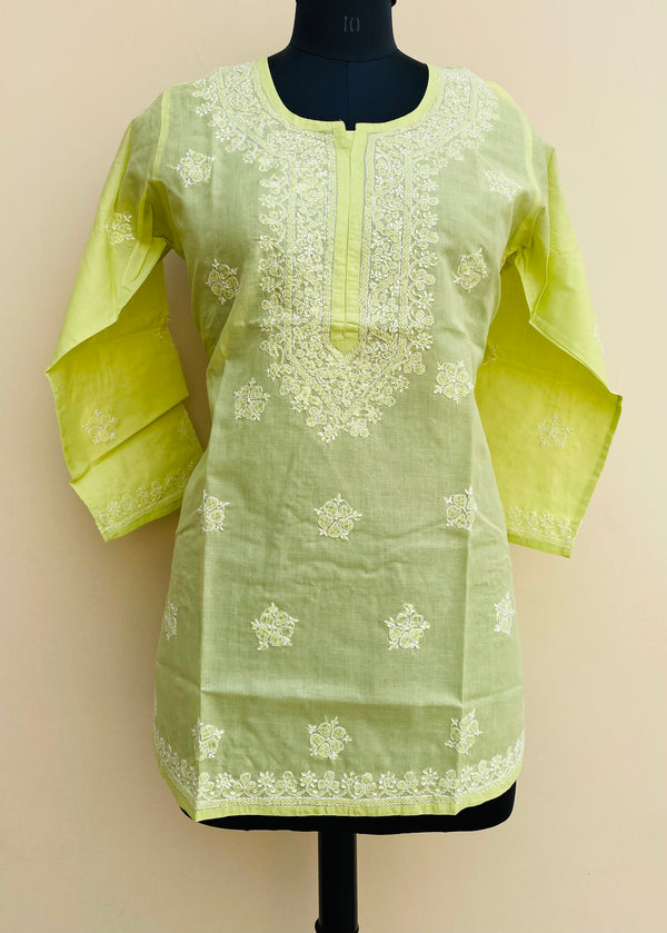 Lucknowi Chikankari Short Kurti Green Cotton