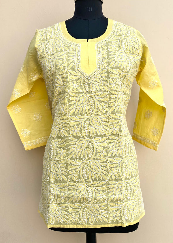 Lucknowi Chikankari Short Kurti Yellow Cotton