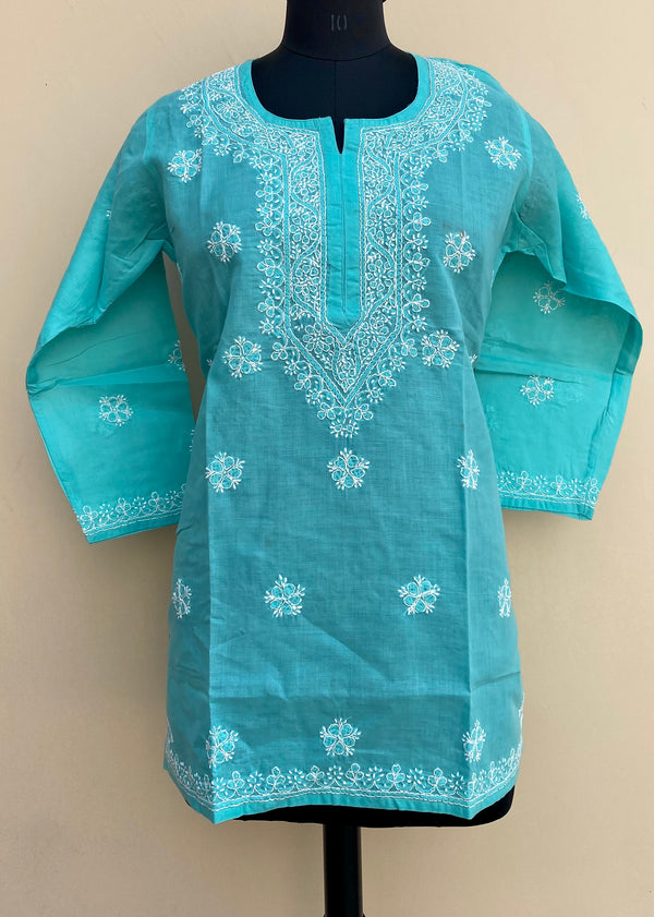 Lucknowi Chikankari Short Kurti Sea Green Cotton