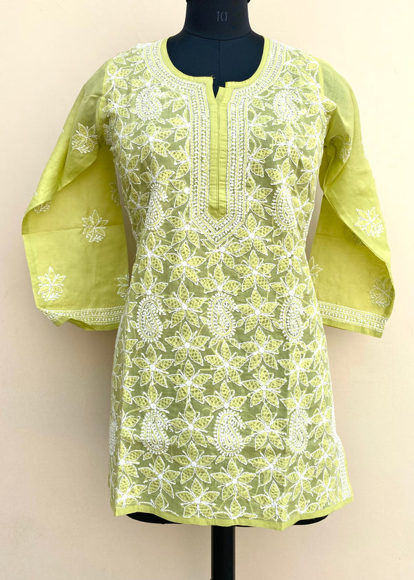 Lucknowi Chikankari Short Kurti Green Cotton