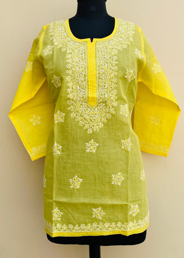 Lucknowi Chikankari Short Kurti Yellow Cotton