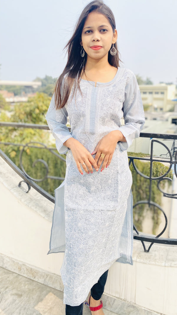 Lucknowi Chikankari Kurti Gray Cotton