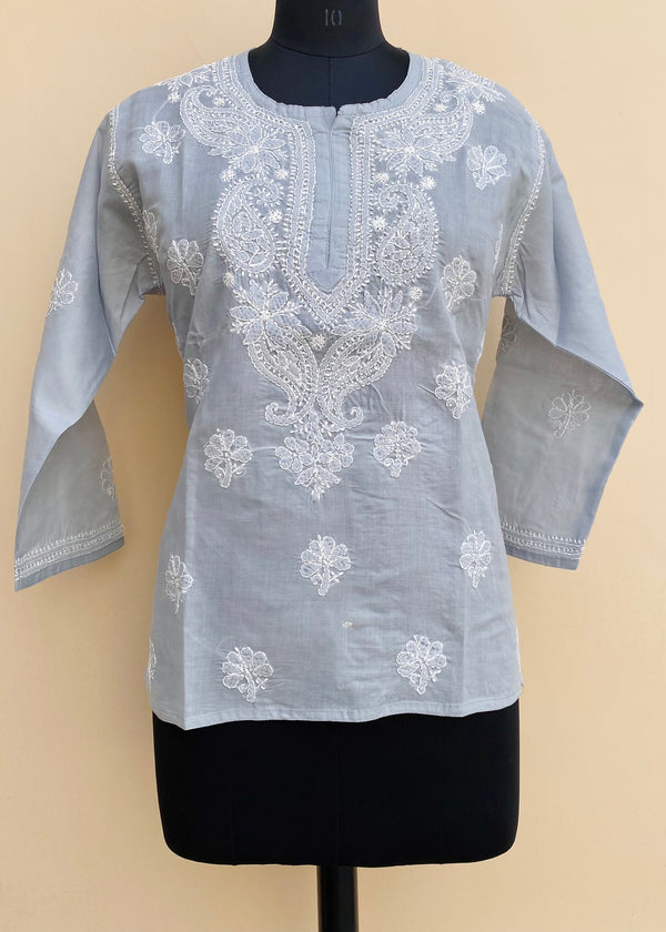 Lucknowi Chikankari Short Kurti Gray Cotton