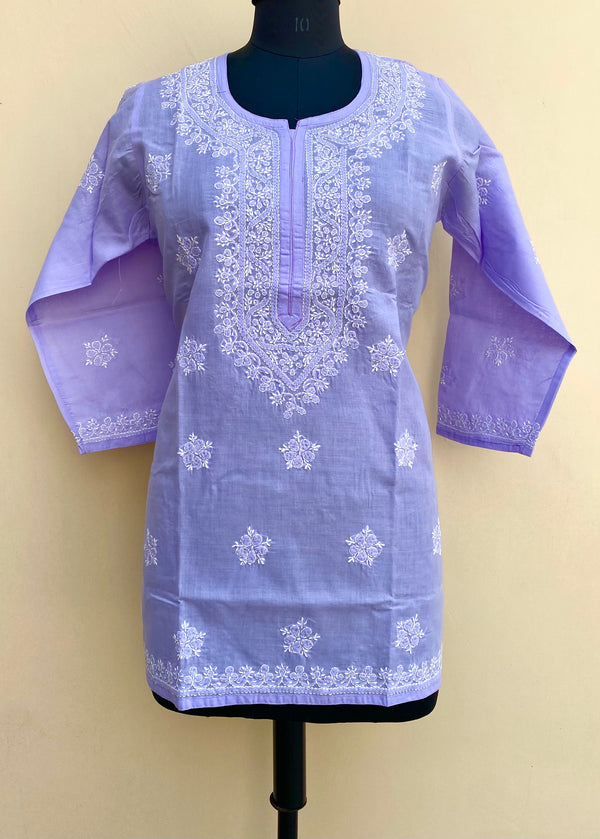 Lucknowi Chikankari Short Kurti Purple Cotton