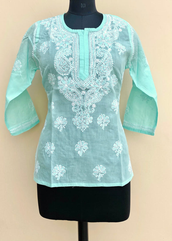 Lucknowi Chikankari Short Kurti Sea Green Cotton