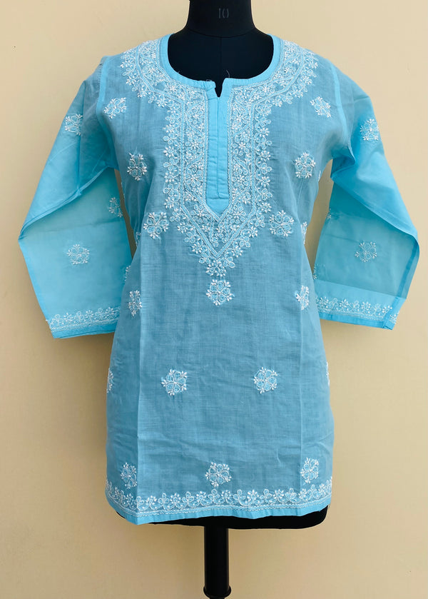 Lucknowi Chikankari Short Kurti Blue Cotton