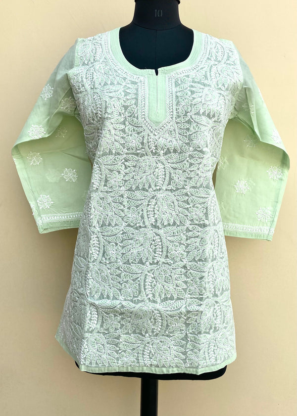 Lucknowi Chikankari Short Kurti Pista Green Cotton