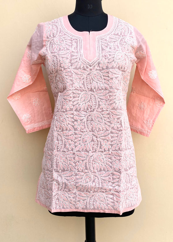 Lucknowi Chikankari Short Kurti Peach Cotton