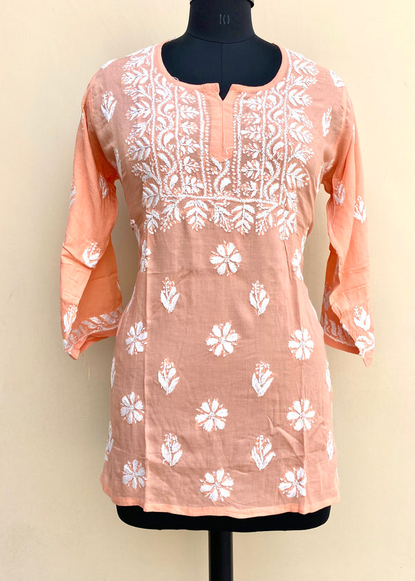 Lucknowi Chikankari Short Kurti Peach Modal Cotton