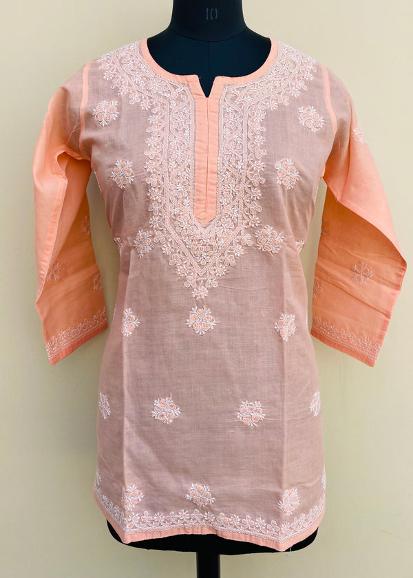 Lucknowi Chikankari Short Kurti Peach Cotton